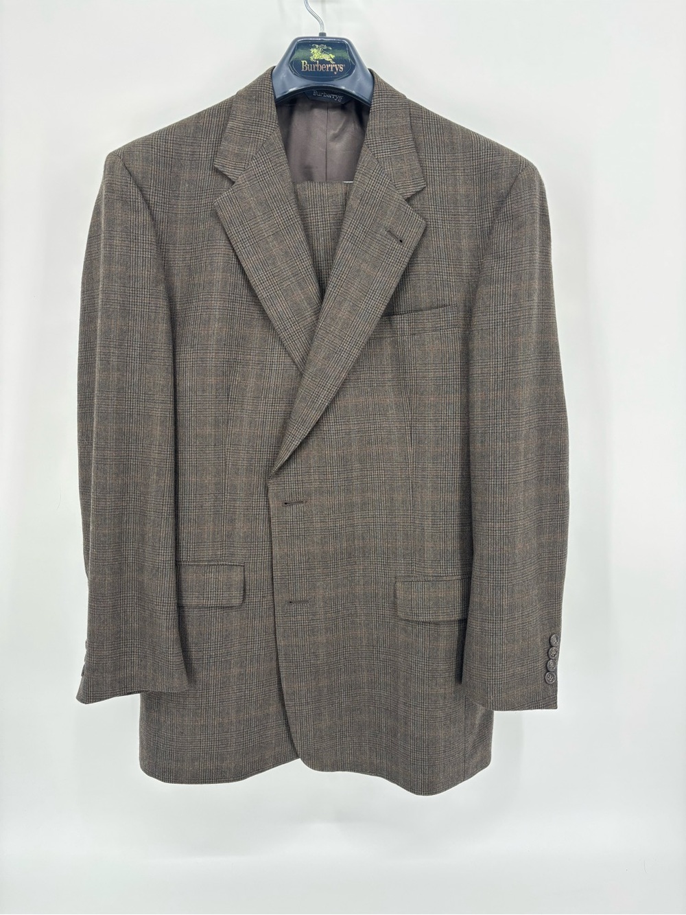 Burberrys‎ Vintage 90s Men's Glen Plaid Wool Suit 44L 37x29 Brown Preppy Pleated